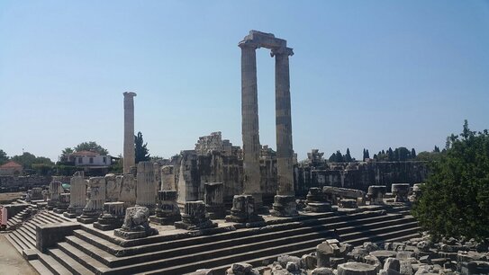 View over ancient ruins on a hill near the Aegean Sea