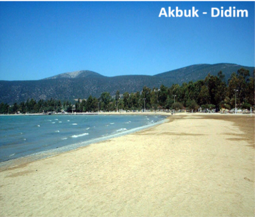 Sunny day on Akbuk beach with people swimming and sunbathing