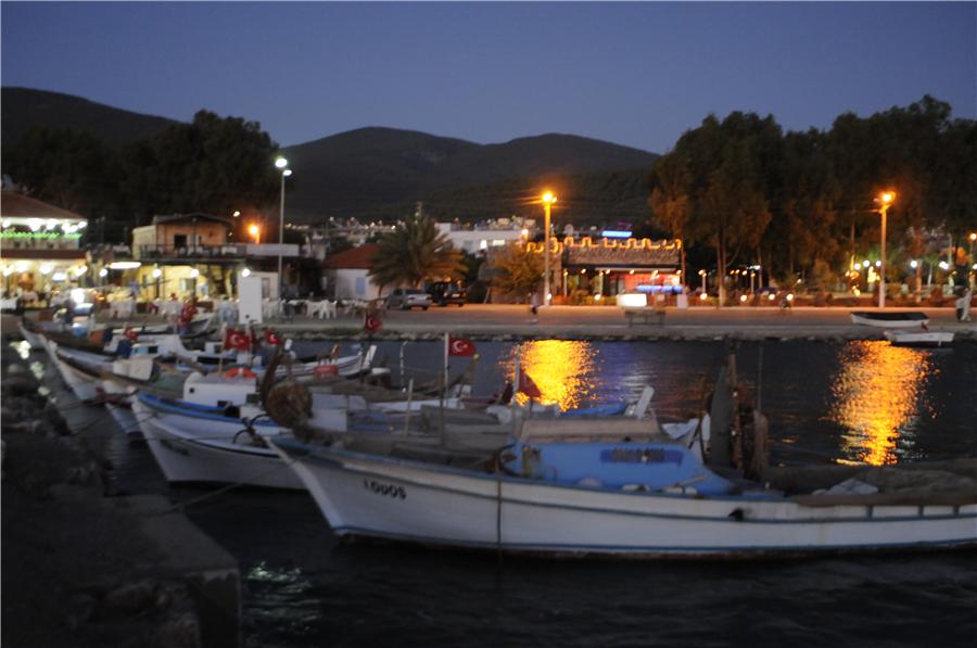 Boats with lights moored in Akbuk harbour at dusk