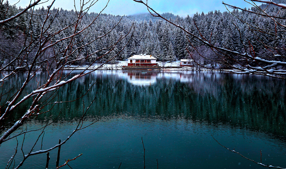Cloudy winter day over a calm bay